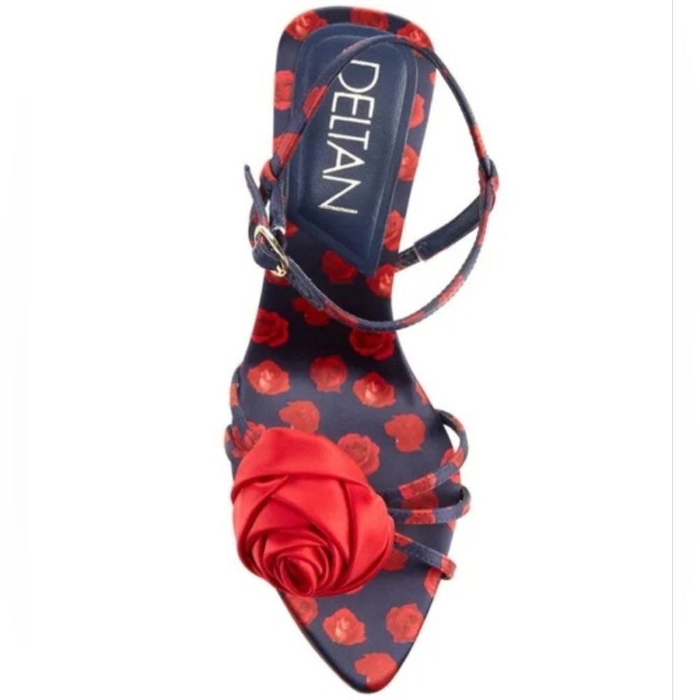 Deltan Heeled Sandals 5.5 Blue Satin Amayah Rosette Red Roses Floral New $110
